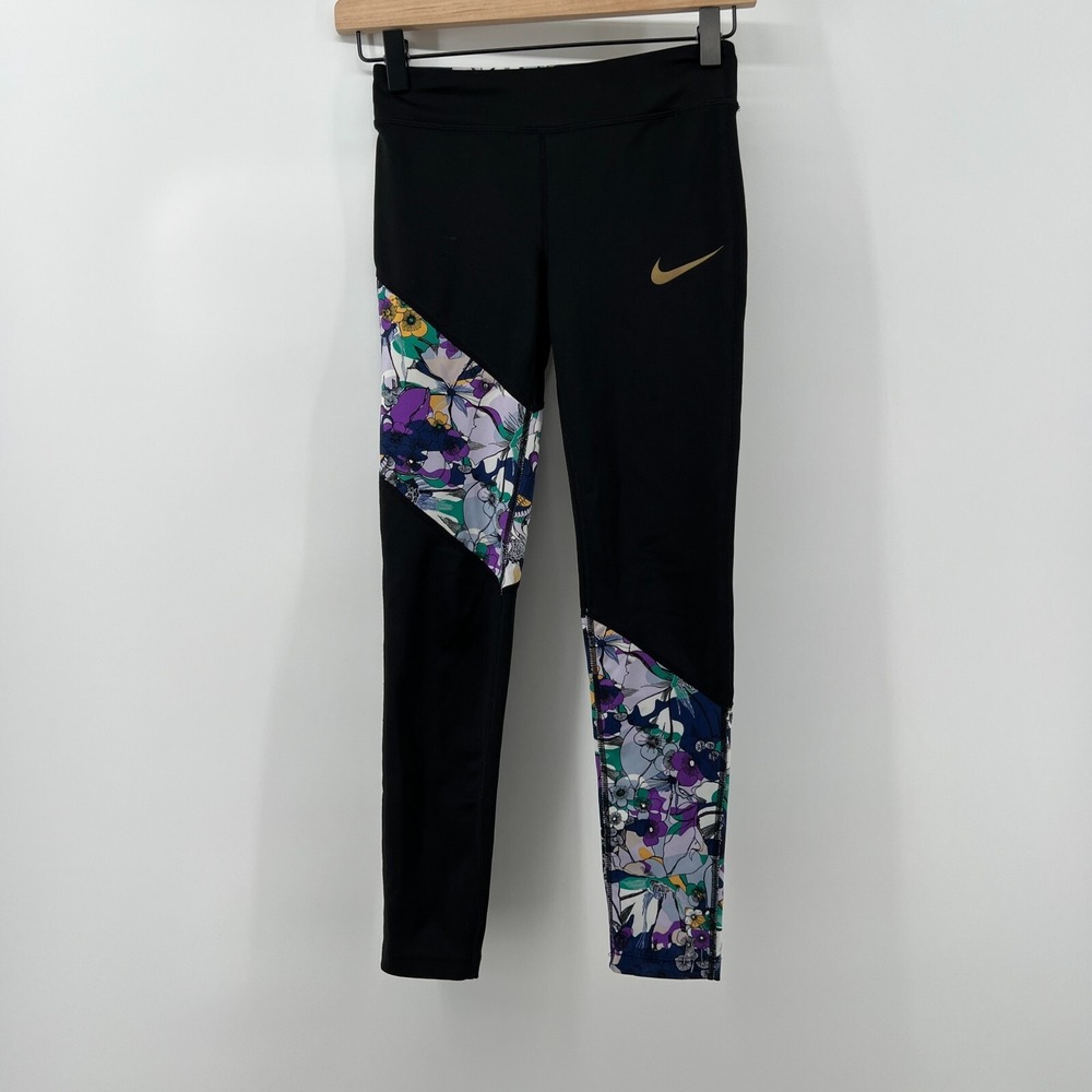 Nike Girls M Dri-Fit Tight Fit‎ Compression Leggings Black Floral Athleisure Gym